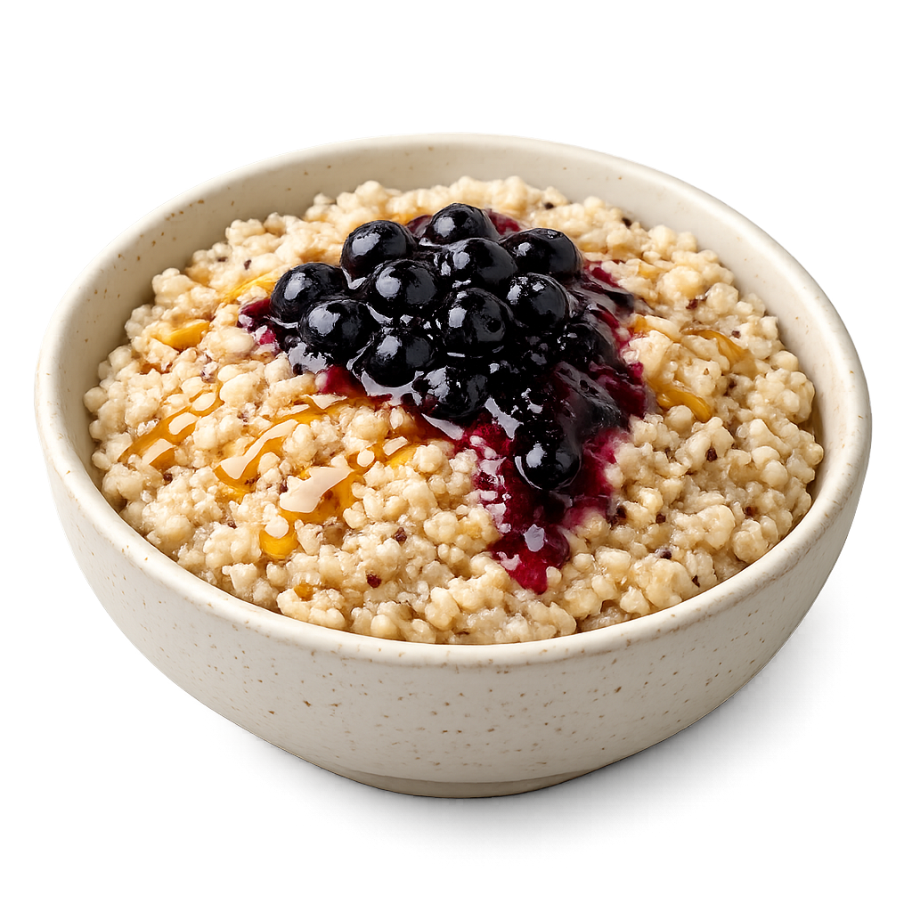 Quinoa Oatmeal Porridg Drizzled With Maple Syrup With Blueberry Compote