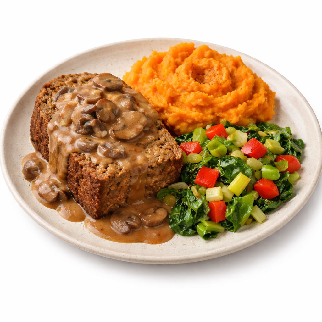 Vegan Meatloaf, Collard Greens With Leeks, Pepper And Sweet Potato Mash With Currents